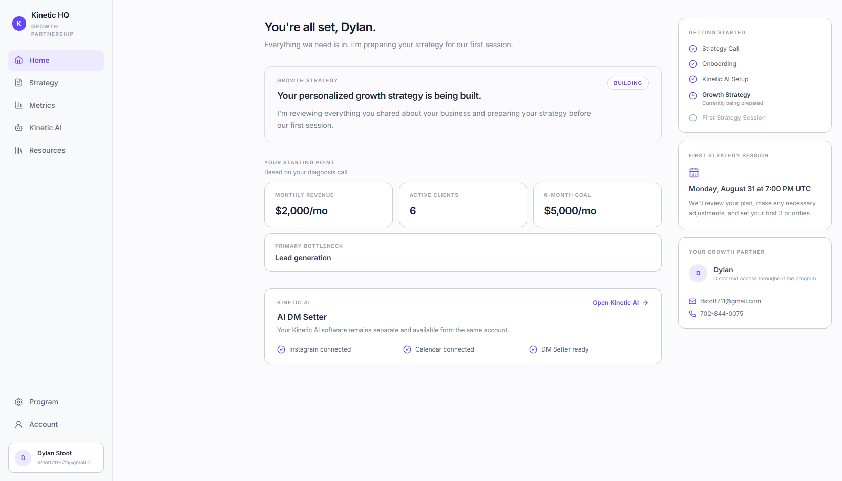 Kinetic HQ client dashboard
